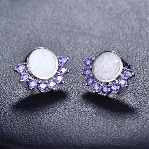 Opal & Purple Cubic Zirconia Half-Halo Stud Earrings