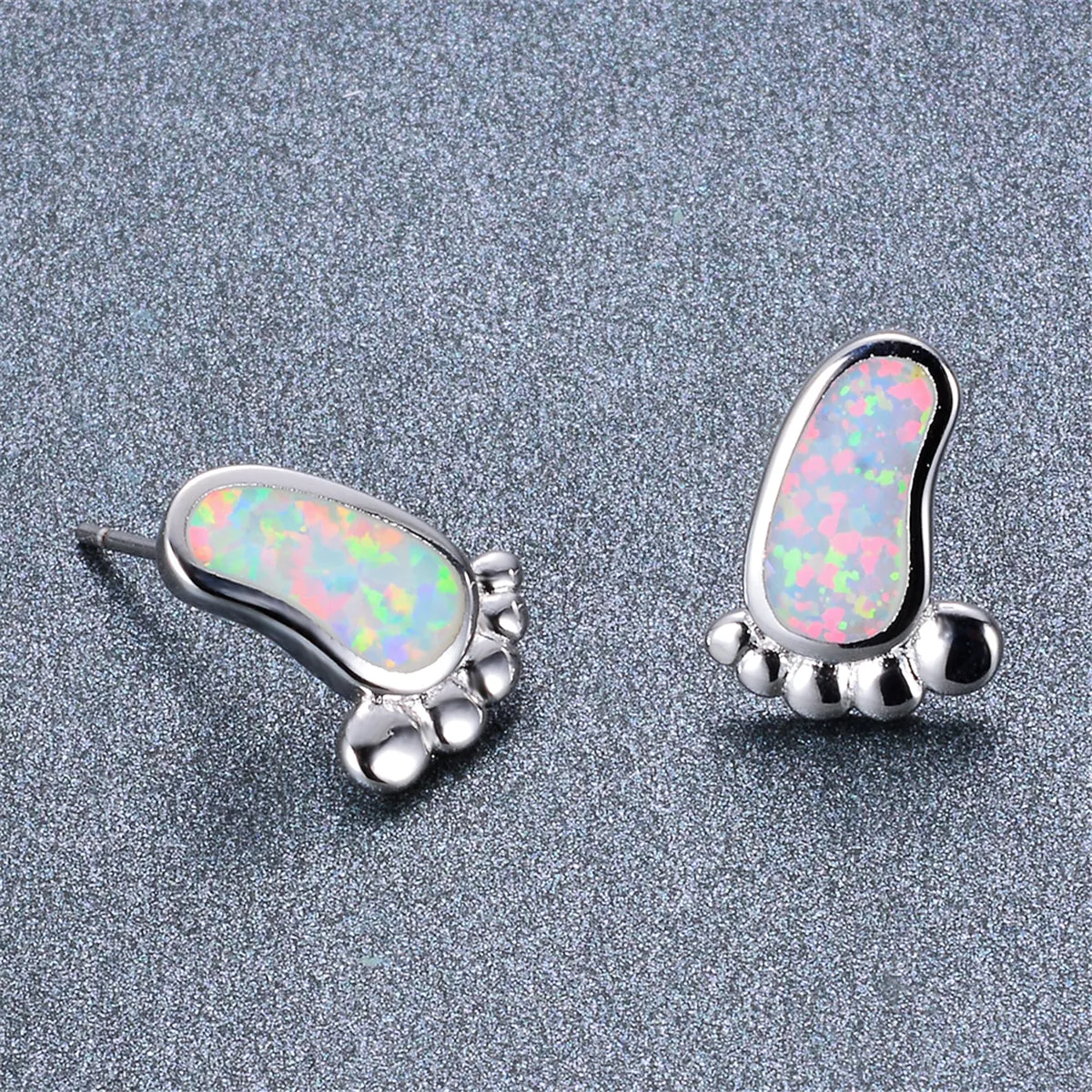 Opal & Silver-Plated Footprint Stud Earrings