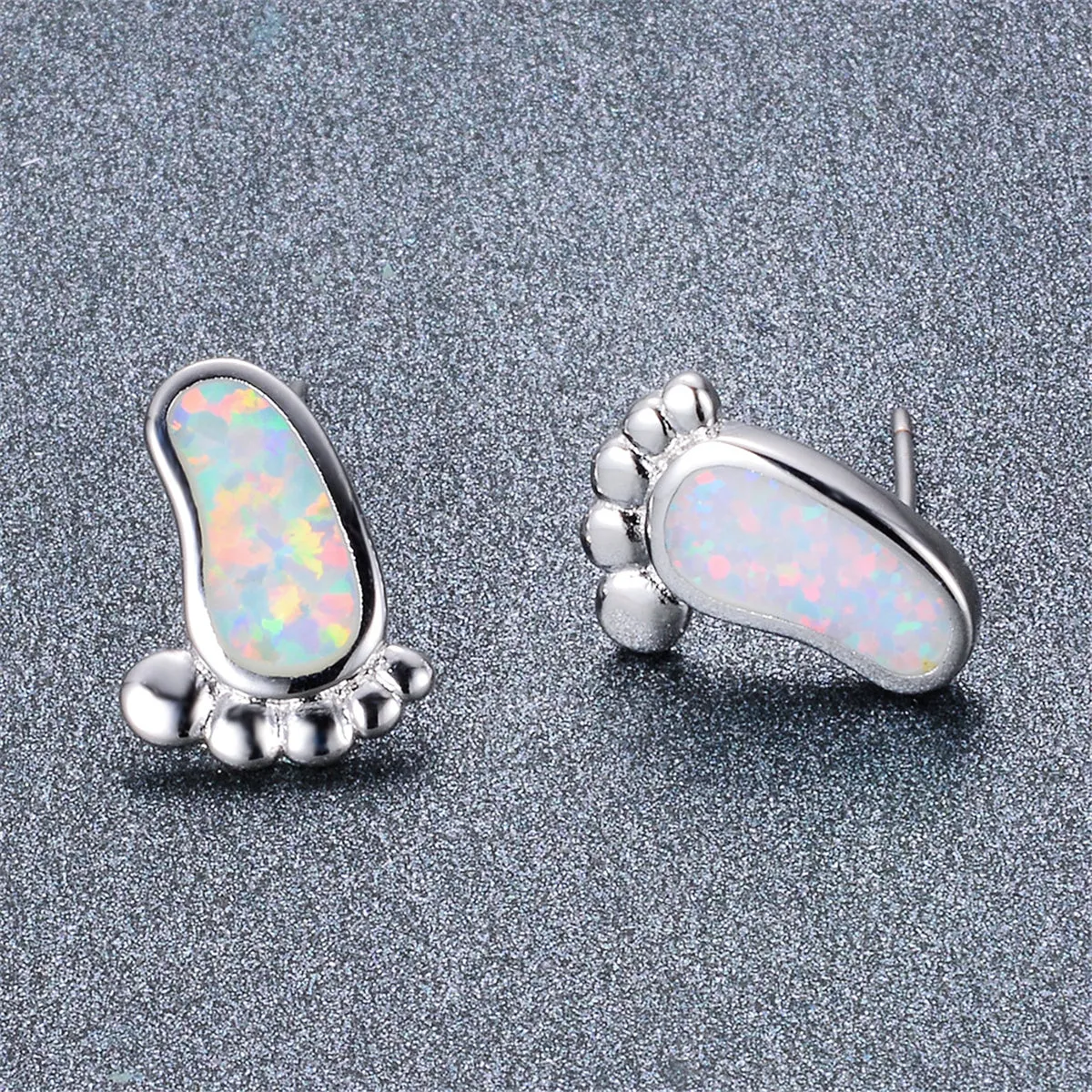 Opal & Silver-Plated Footprint Stud Earrings