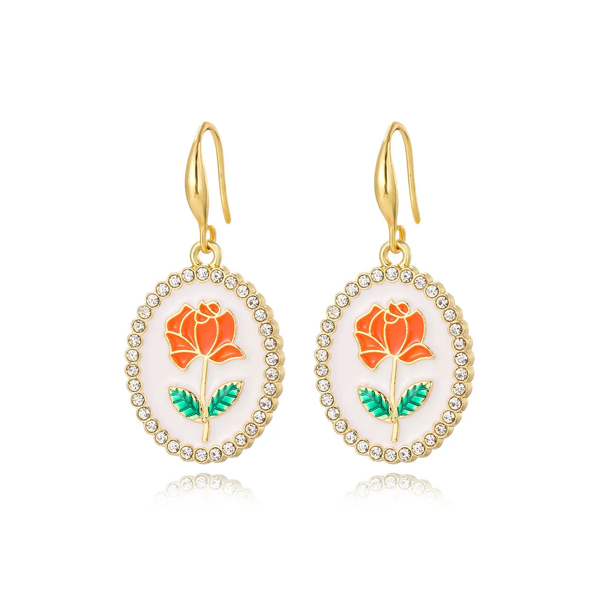 Orange Enamel & Cubic Zirconia 18K Gold-Plated Flower Oval Drop Earrings