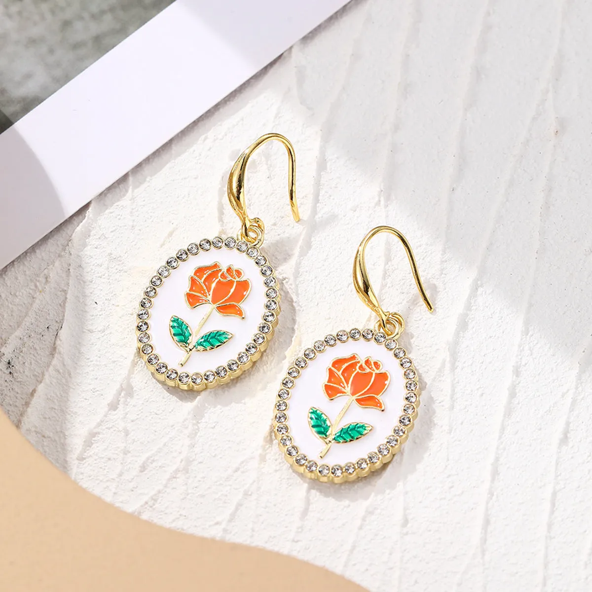 Orange Enamel & Cubic Zirconia 18K Gold-Plated Flower Oval Drop Earrings