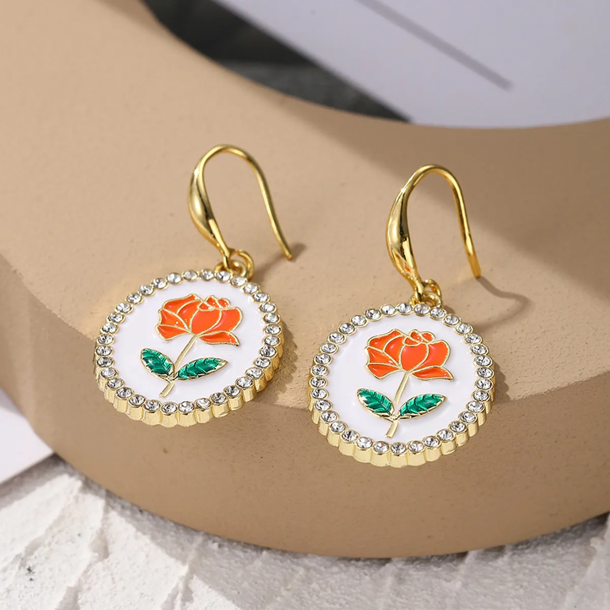 Orange Enamel & Cubic Zirconia 18K Gold-Plated Flower Oval Drop Earrings