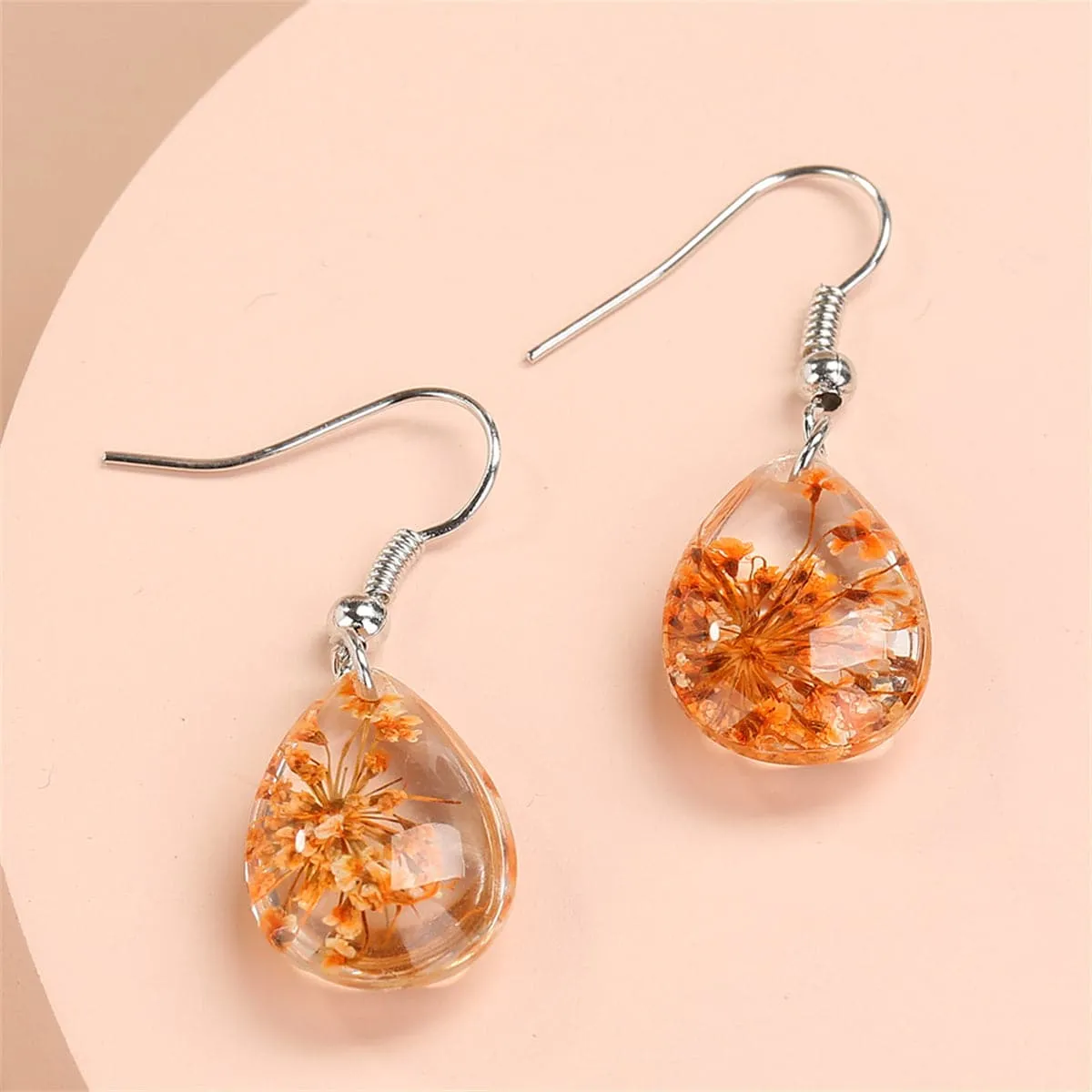 Orange Gypsophila & Silver-Plated Teardrop Earring