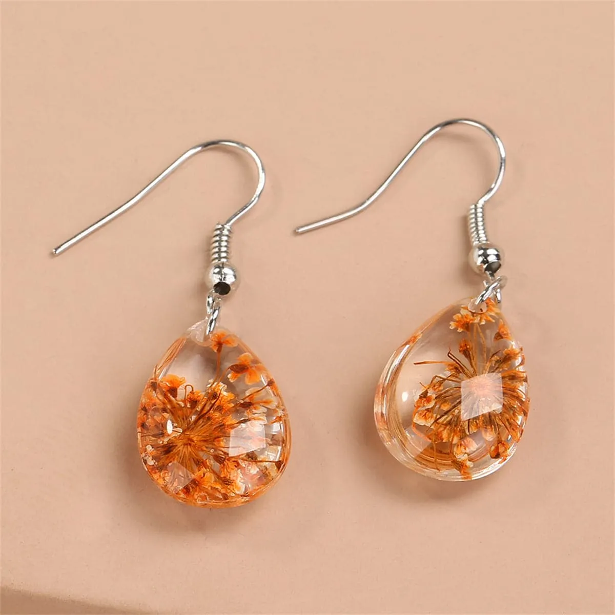 Orange Gypsophila & Silver-Plated Teardrop Earring