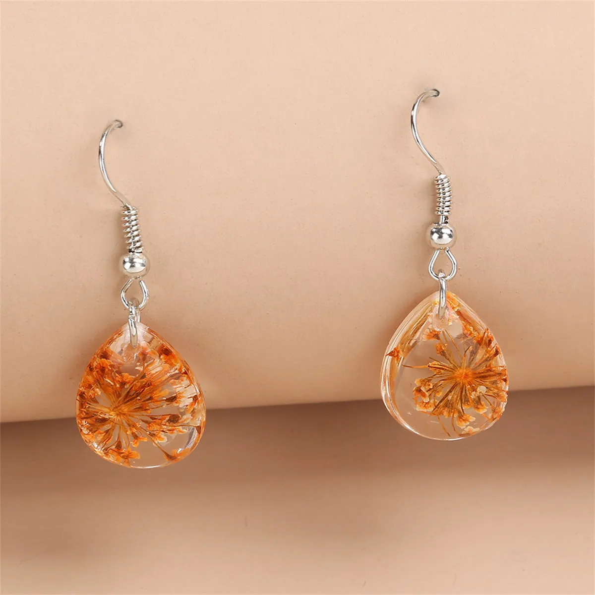 Orange Gypsophila & Silver-Plated Teardrop Earring
