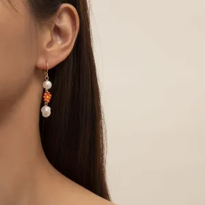Orange Howlite & Pearl 18K Gold-Plated Floral Huggie Earrings