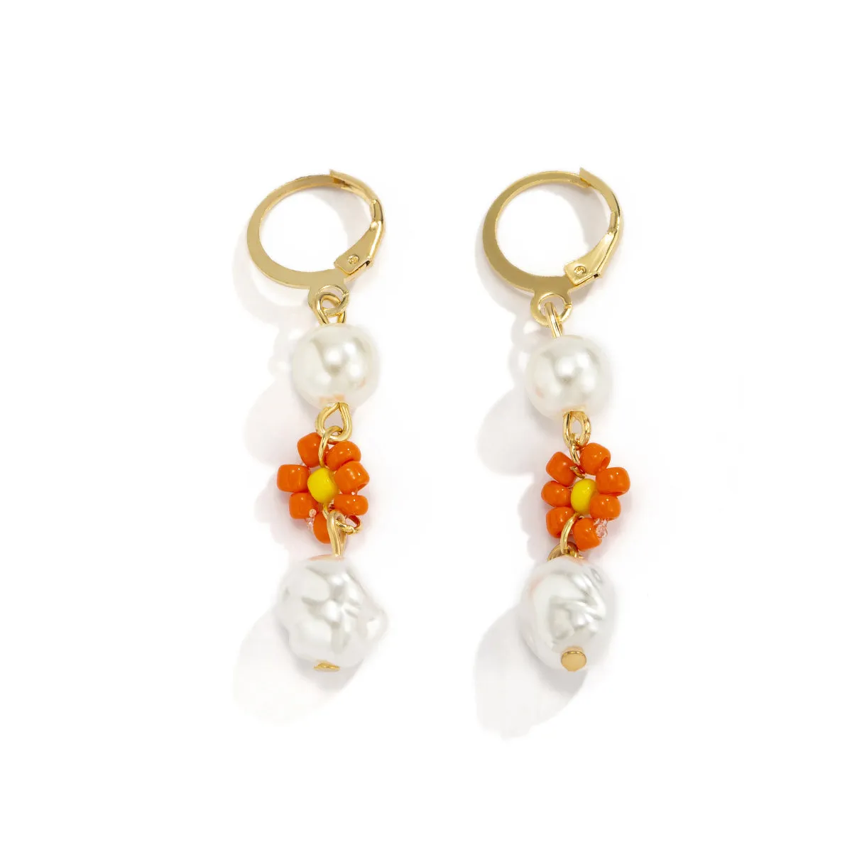 Orange Howlite & Pearl 18K Gold-Plated Floral Huggie Earrings