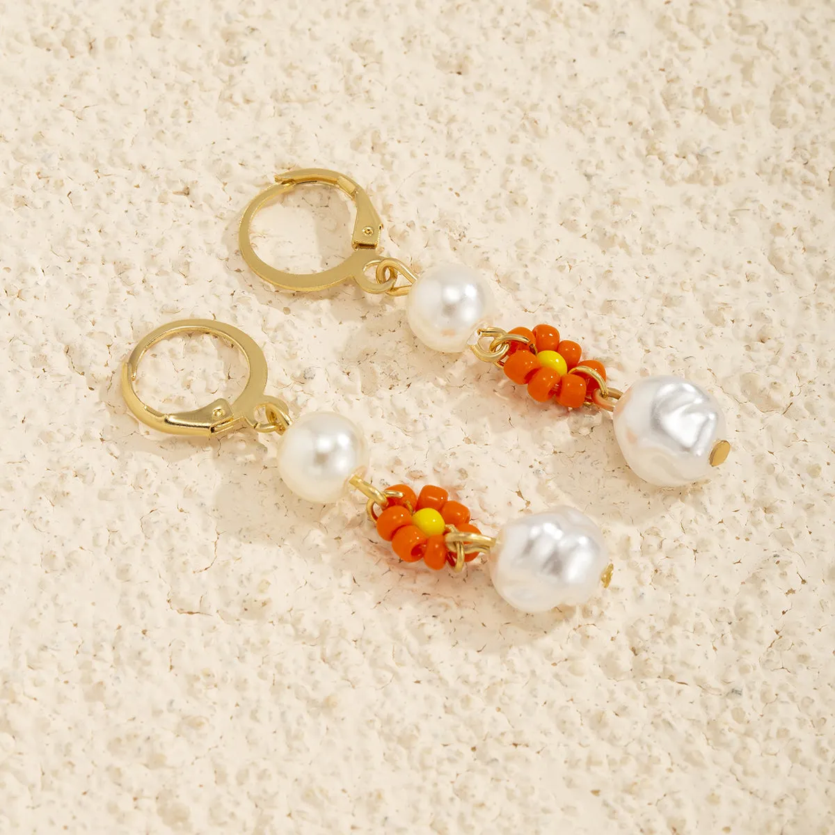 Orange Howlite & Pearl 18K Gold-Plated Floral Huggie Earrings