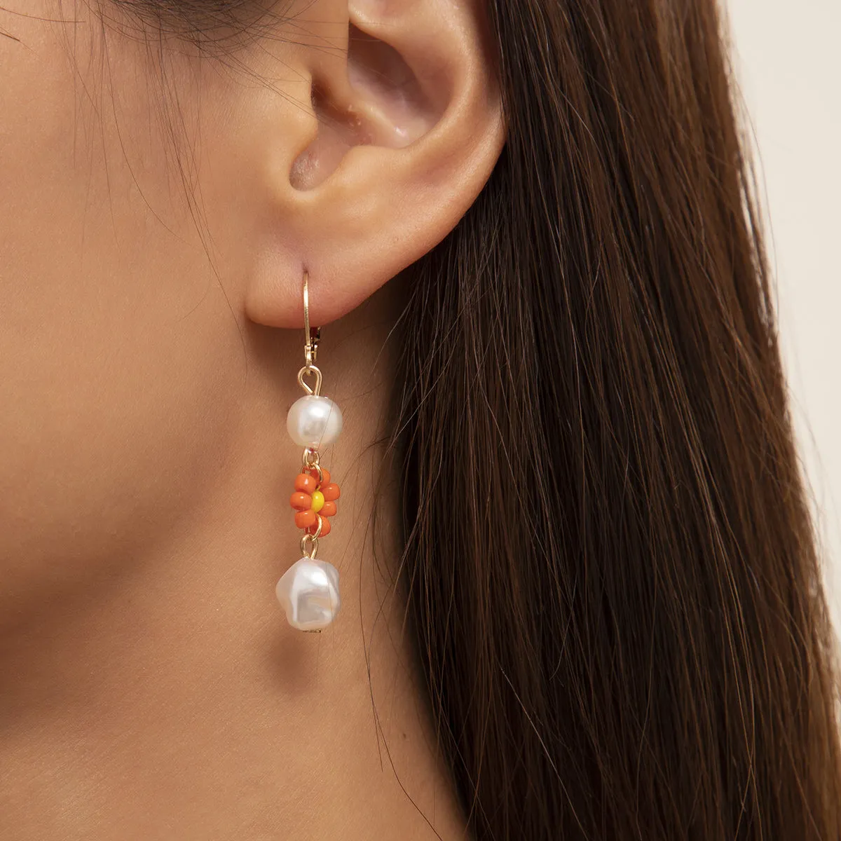 Orange Howlite & Pearl 18K Gold-Plated Floral Huggie Earrings
