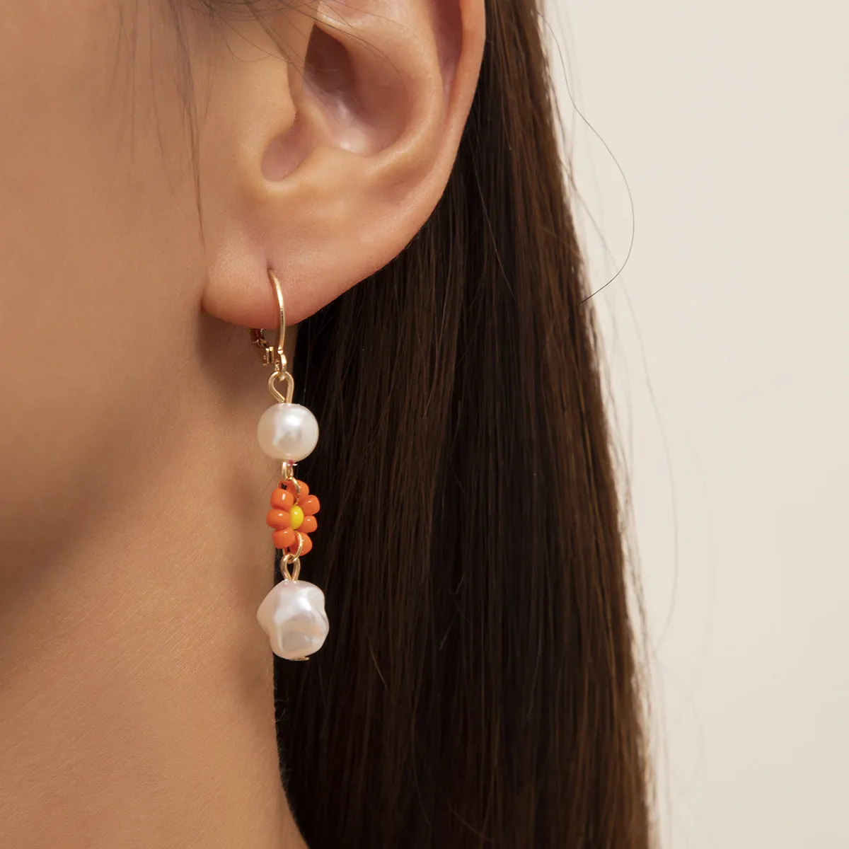 Orange Howlite & Pearl 18K Gold-Plated Floral Huggie Earrings