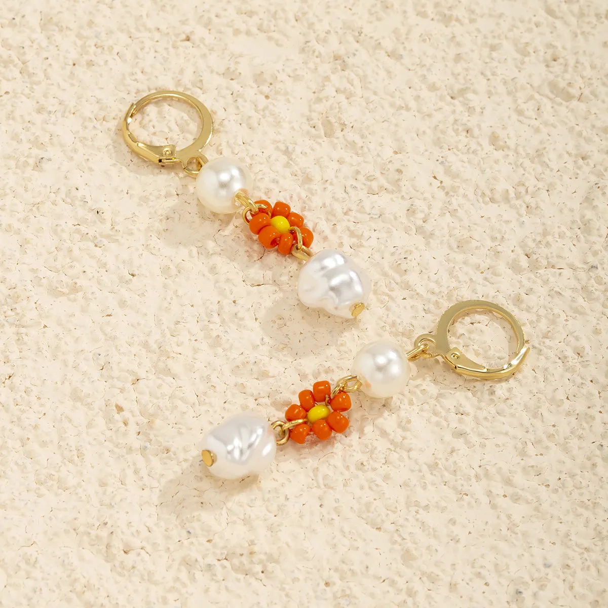 Orange Howlite & Pearl 18K Gold-Plated Floral Huggie Earrings