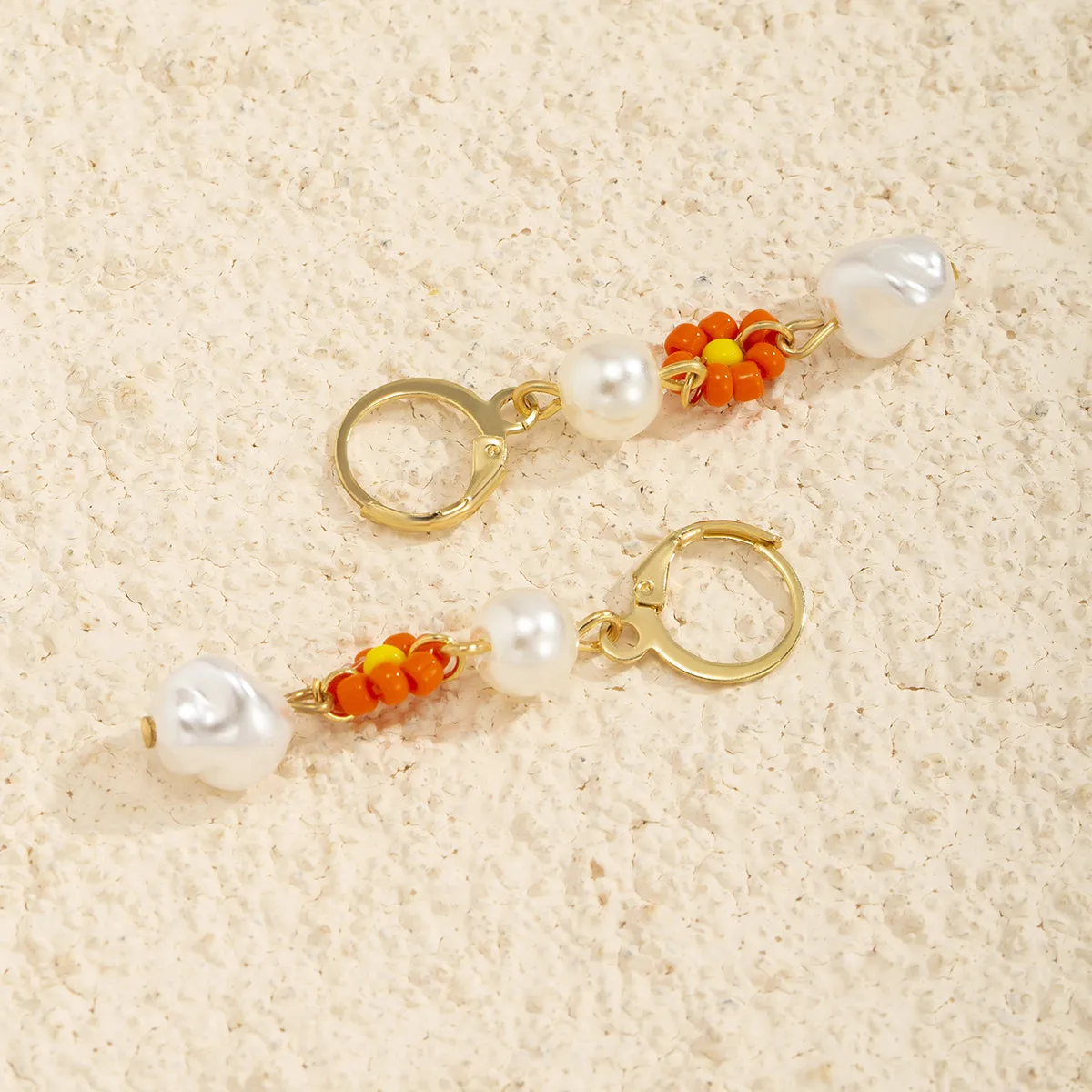 Orange Howlite & Pearl 18K Gold-Plated Floral Huggie Earrings