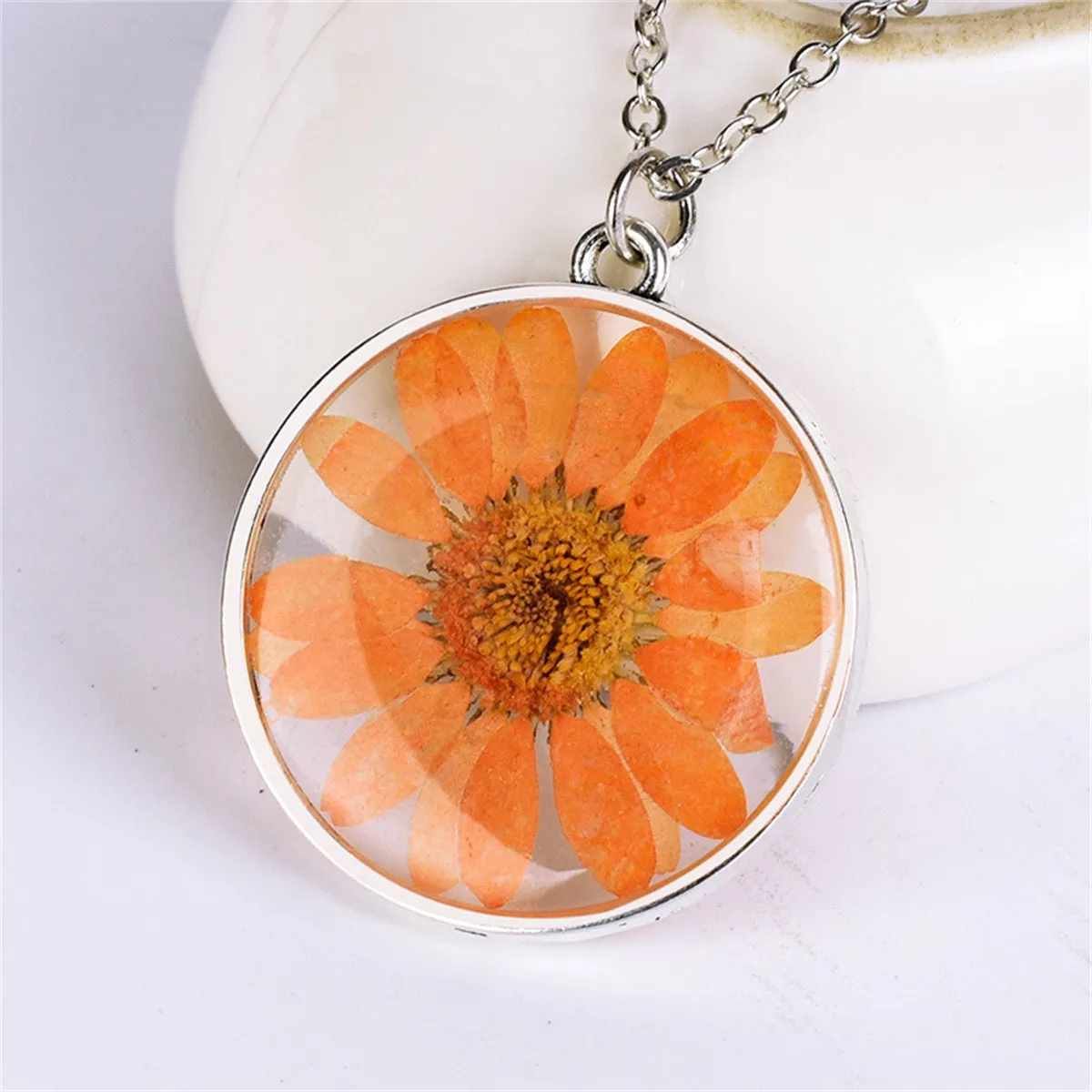 Orange Pressed Mum & Silver-Plated Round Pendant Necklace