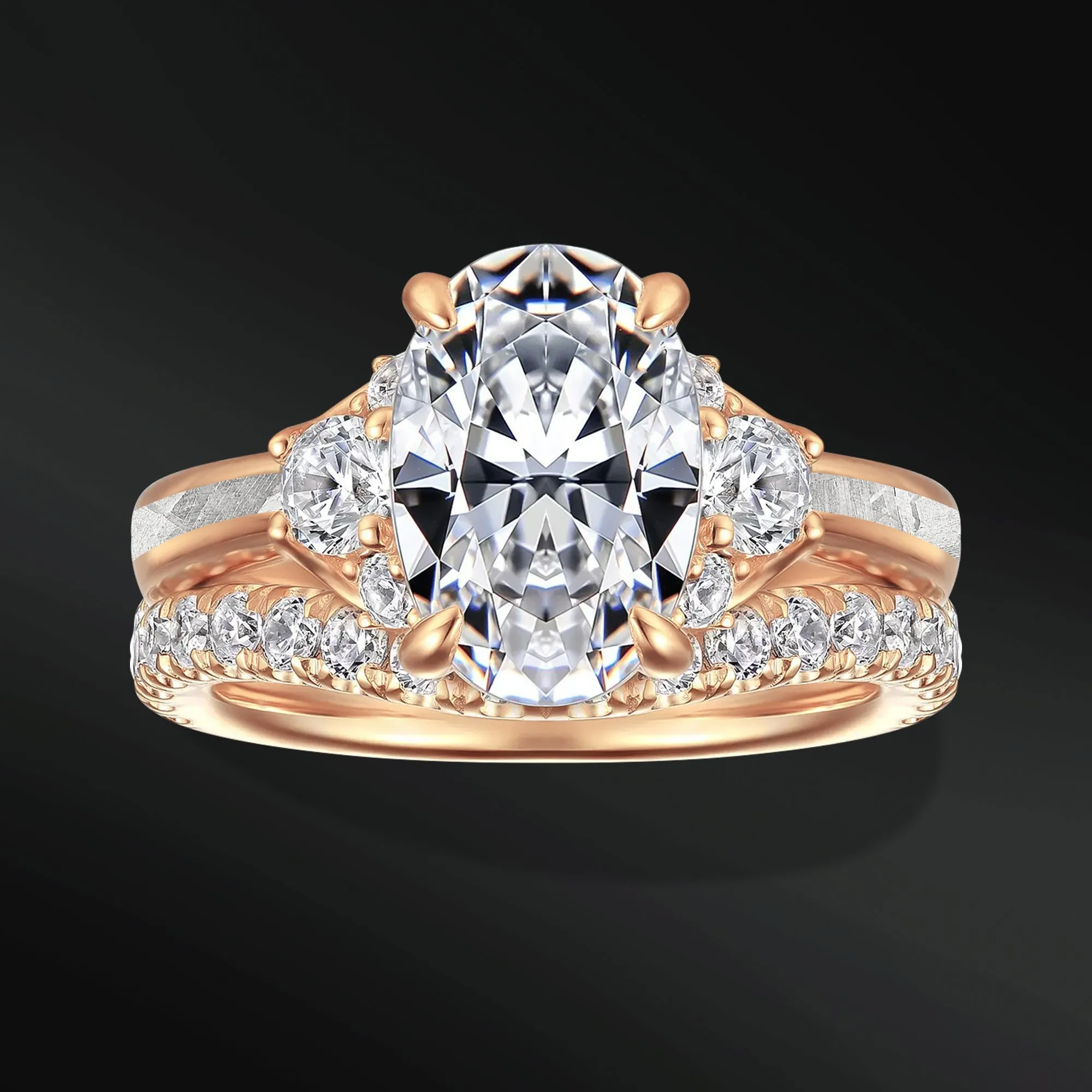Oval Star - Ring Set for Women | 2 CT Oval Certified Moissanite Engagement Ring | Natural Meteorite Inlay | Halo Design