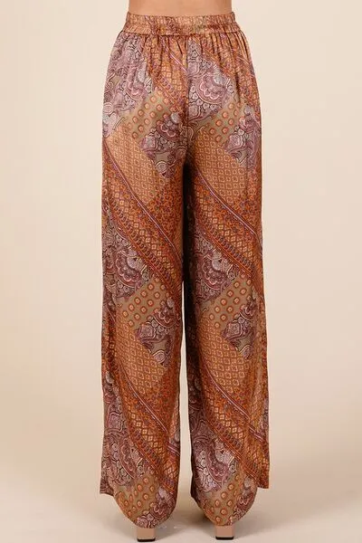 Paisley Patchwork Print Satin Wide Leg Pants