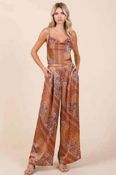 Paisley Patchwork Print Satin Wide Leg Pants