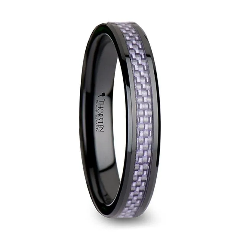 PAIVA Women's Beveled Black Ceramic Ring With Purple Carbon Fiber  4mm & 6mm