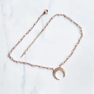 Pave White Topaz gemstones with Rose Gold Moon pendant chain necklace