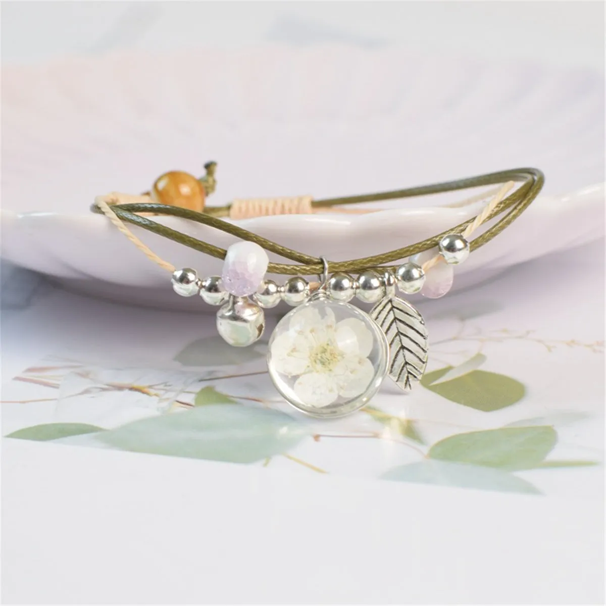 Peach Blossom & Silver-Plated Bell Charm Bracelet