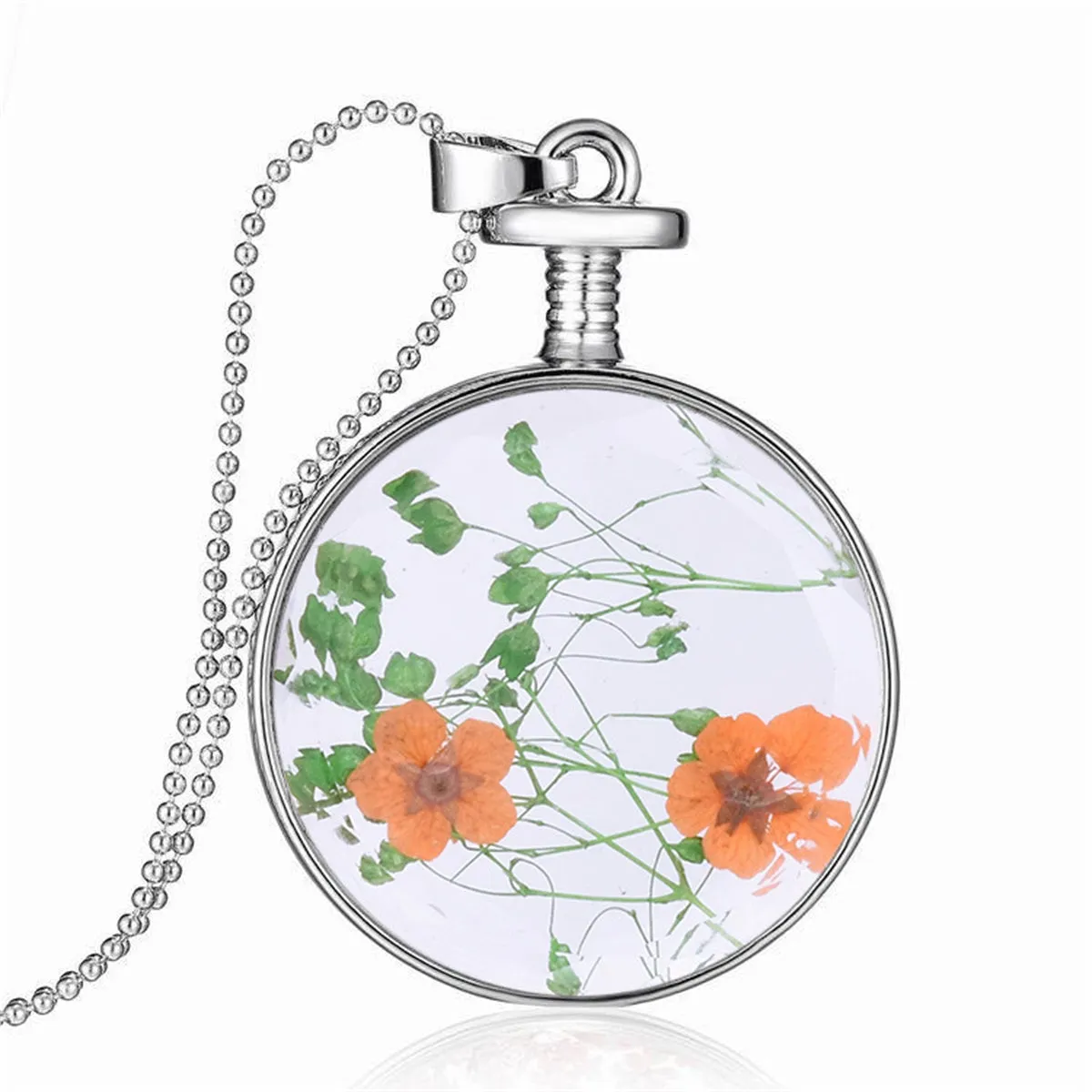 Peach Pressed Flower & Silver-Plated Round Pendant Necklace
