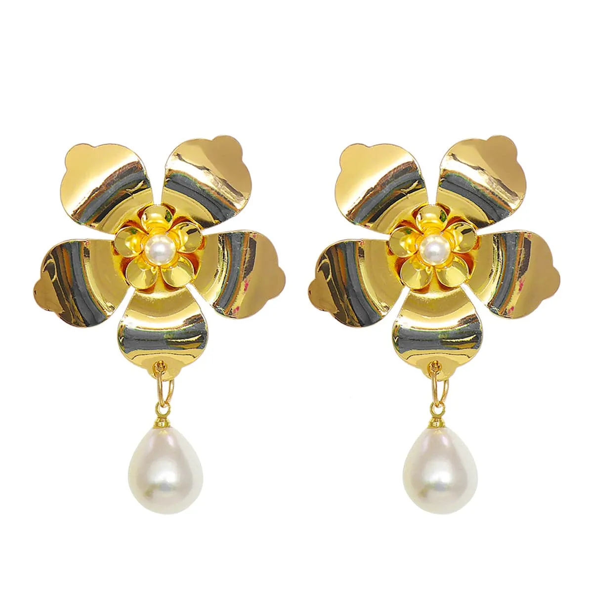 Pearl & 18K Gold-Plated Flower Drop Earrings