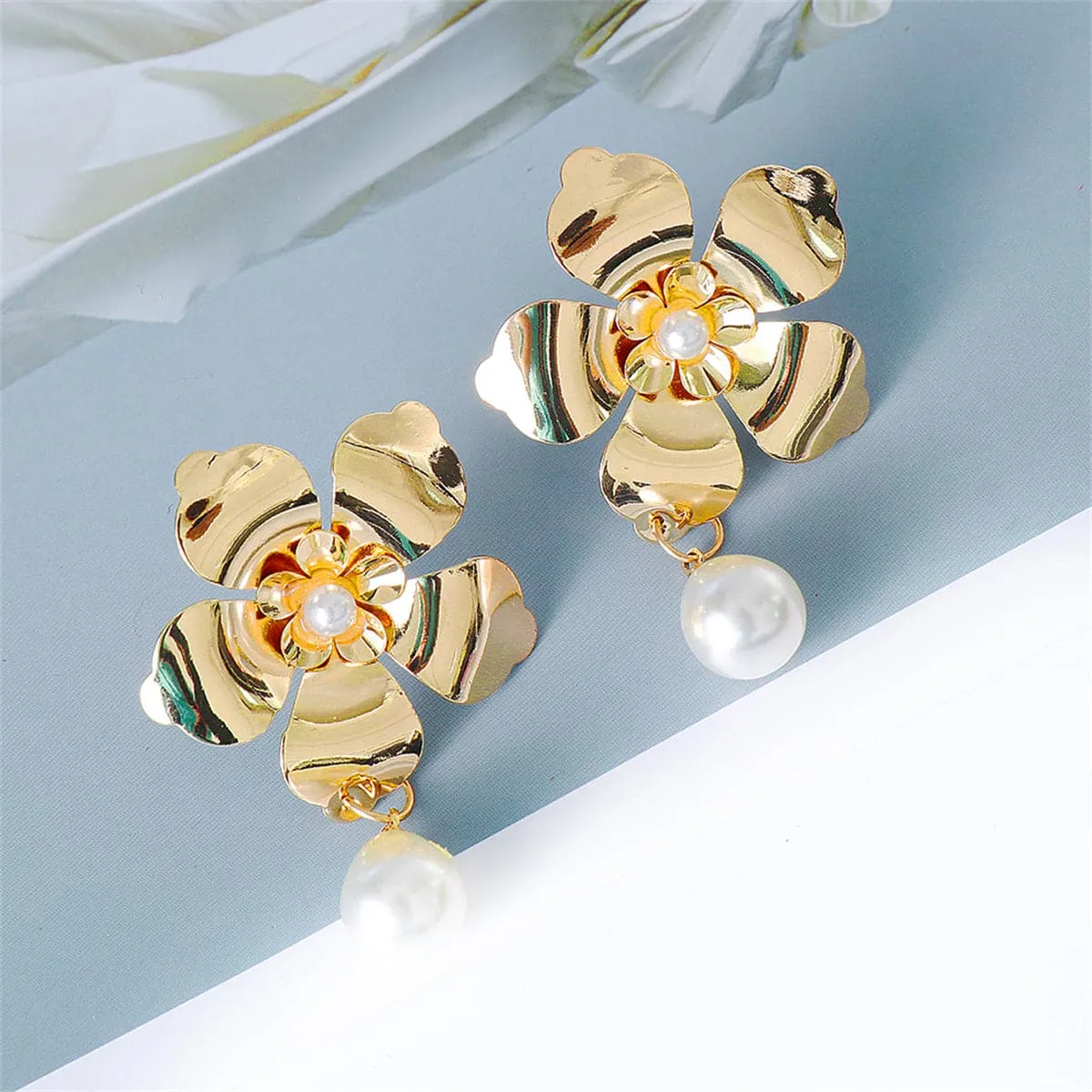 Pearl & 18K Gold-Plated Flower Drop Earrings