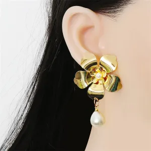 Pearl & 18K Gold-Plated Flower Drop Earrings