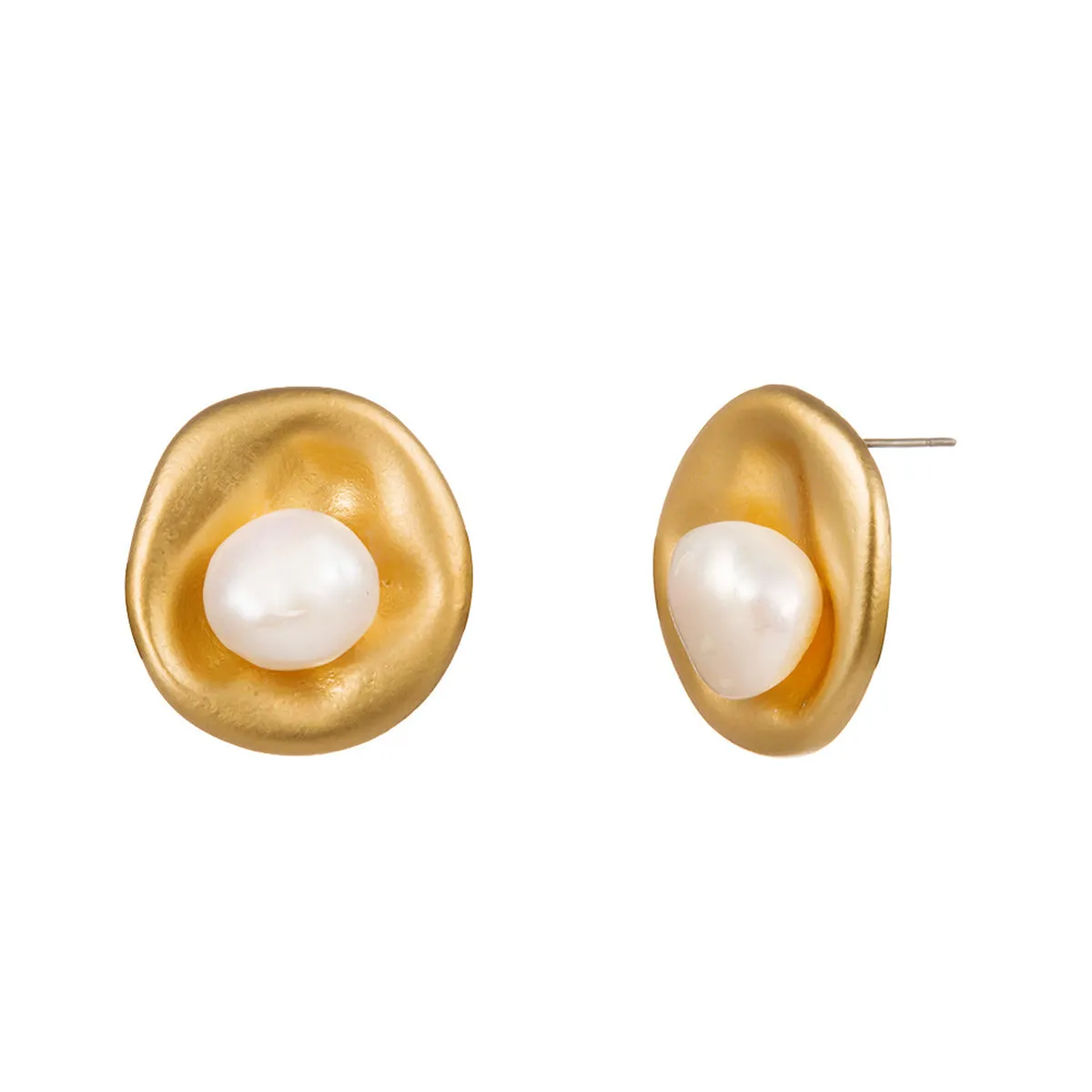 Pearl & 18K Gold-Plated Hammered Circle Stud Earrings