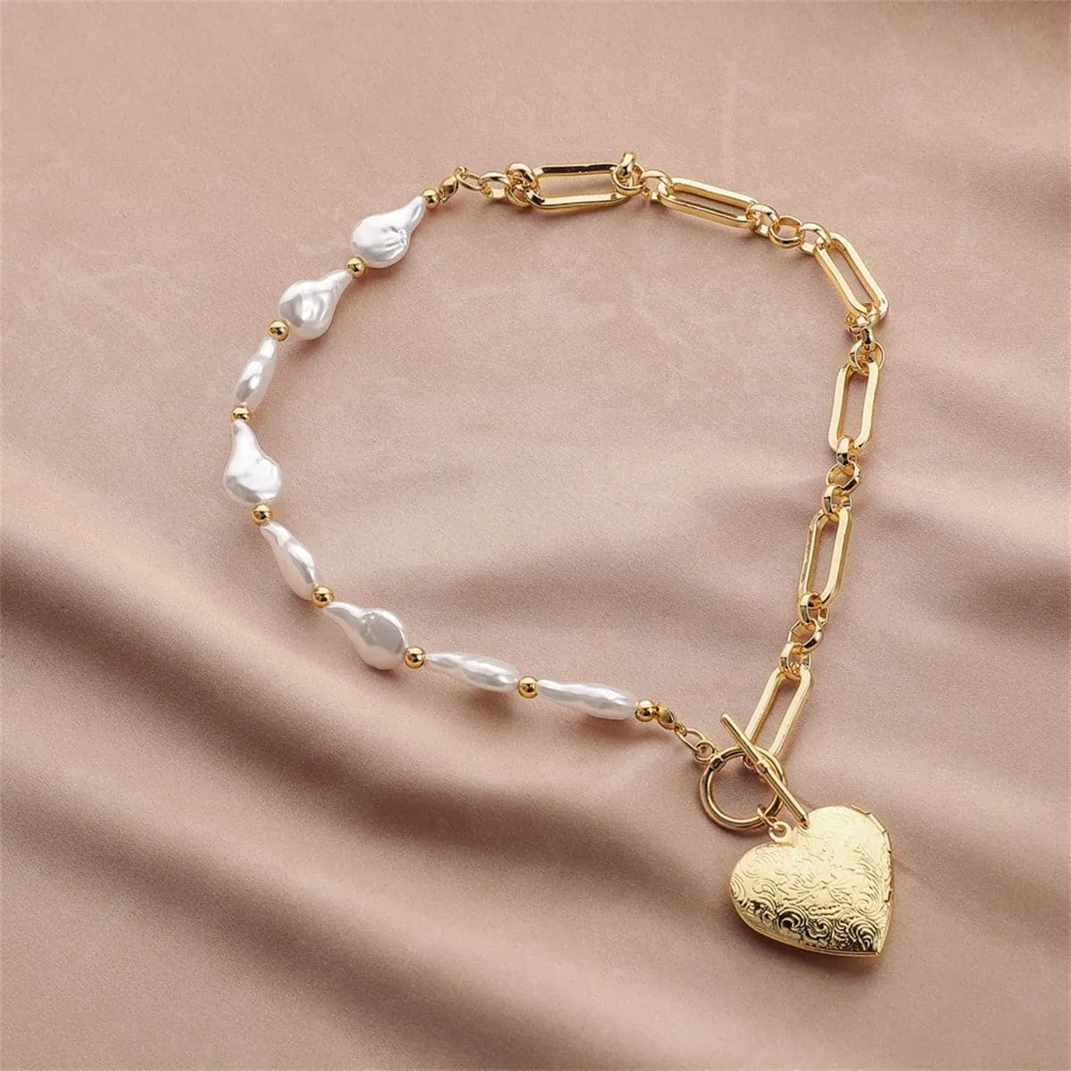 Pearl & 18K Gold-Plated Heart Pendant Necklace