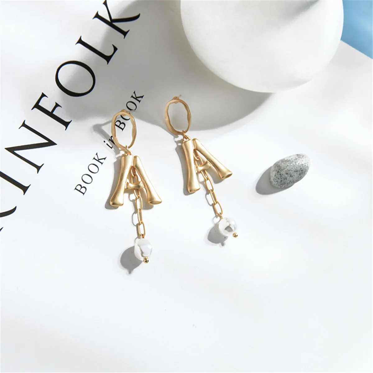 Pearl & 18K Gold-Plated Letter 'A' Drop Earrings