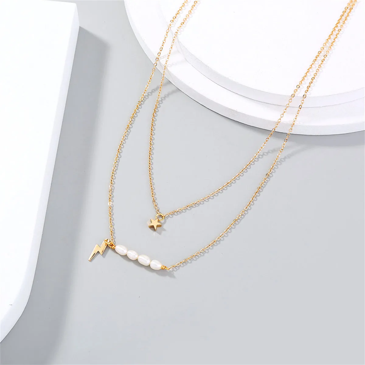 Pearl & 18K Gold-Plated Lightning Star Layered Necklace
