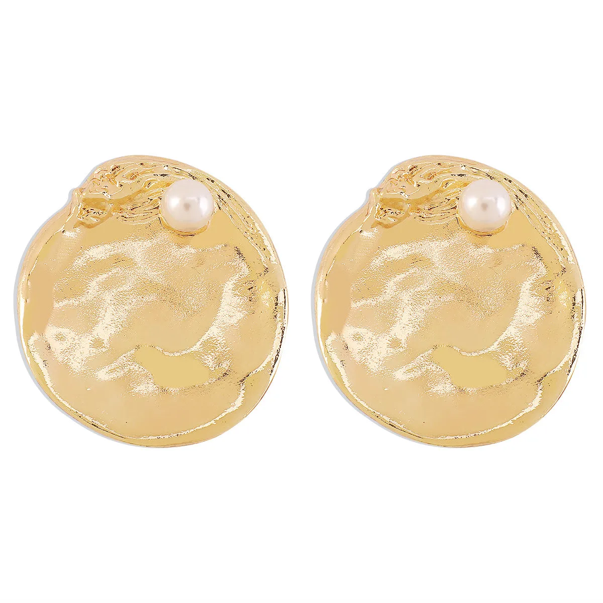 Pearl & 18K Gold-Plated Textured Round Stud Earrings
