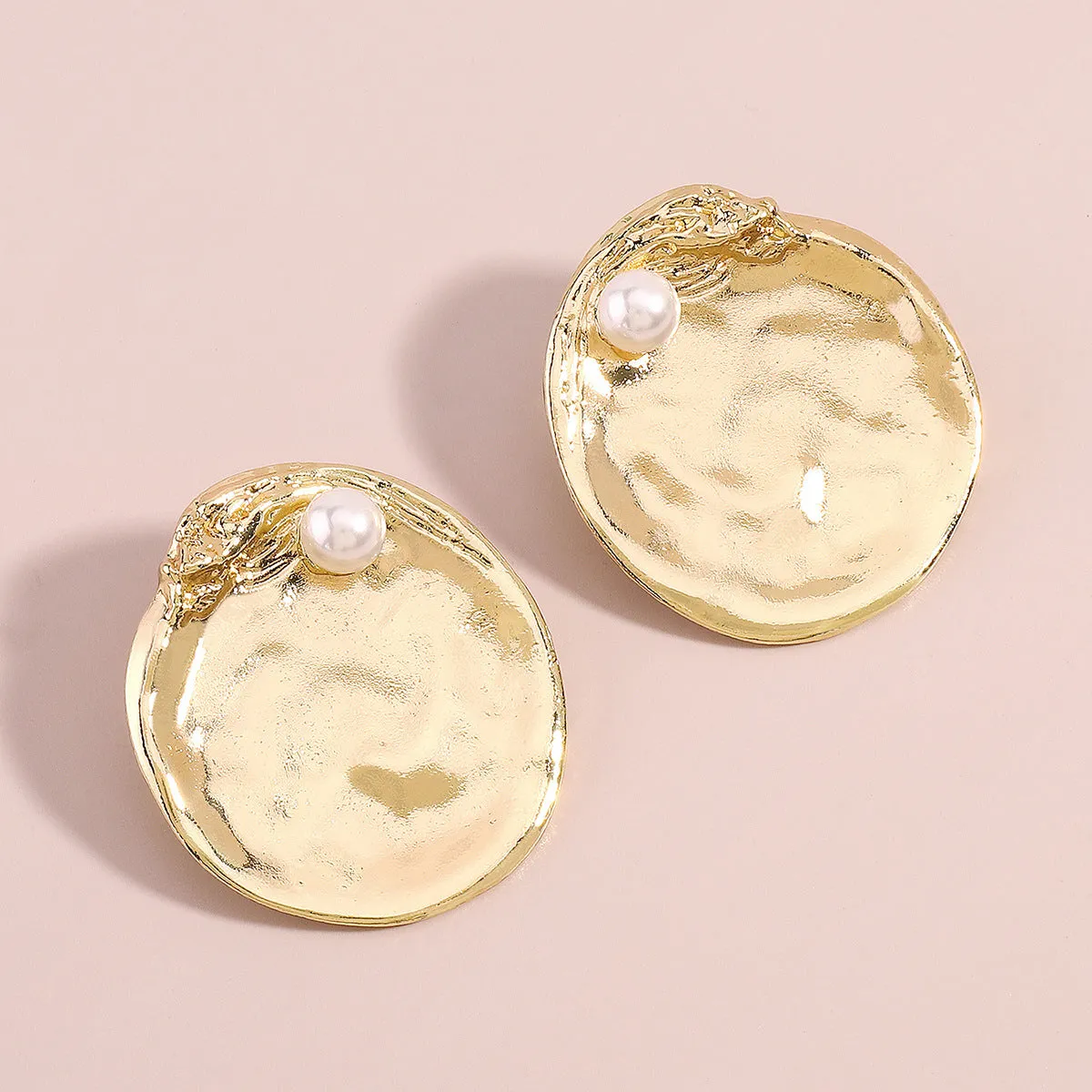 Pearl & 18K Gold-Plated Textured Round Stud Earrings