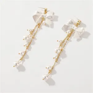 Pearl & Acrylic Cubic Zirconia 18K Gold-Plated Bow Tassel Drop Earrings