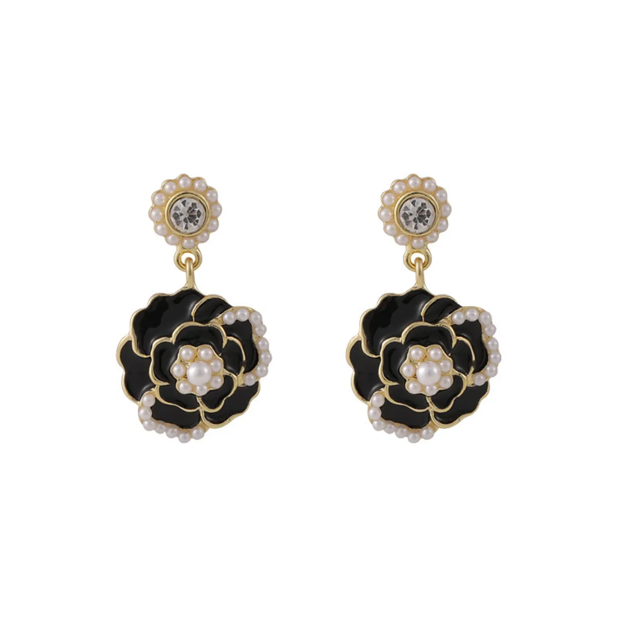 Pearl & Black Enamel 18K Gold-Plated Camellia Drop Earrings