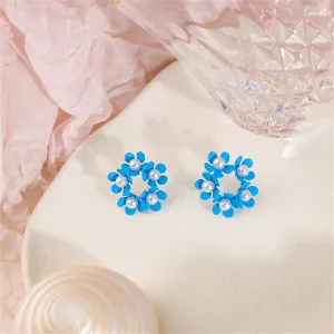 Pearl & Blue Enamel Floral Garland Stud Earrings