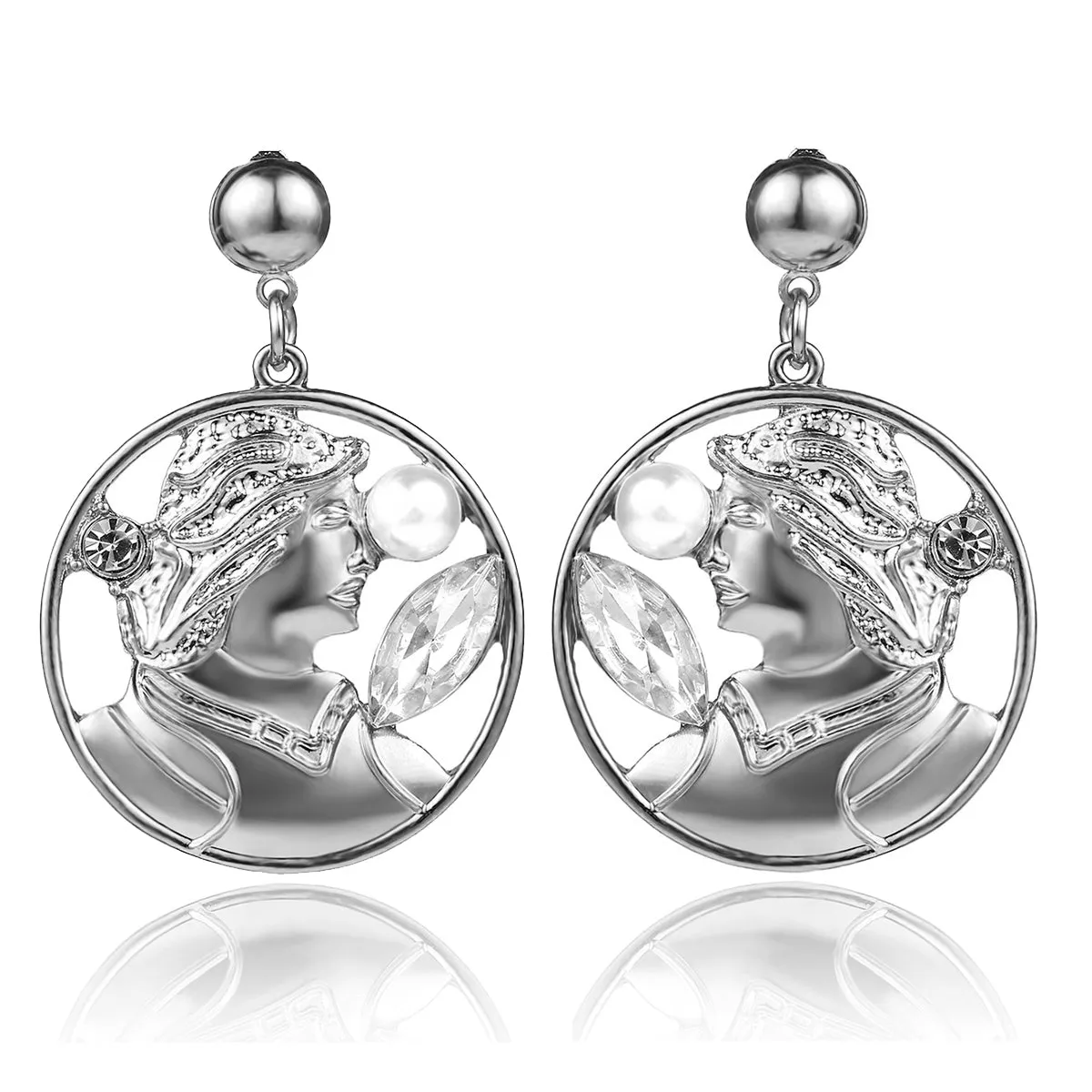 Pearl & Crystal Silver-Plated Portrait Round Drop Earrings