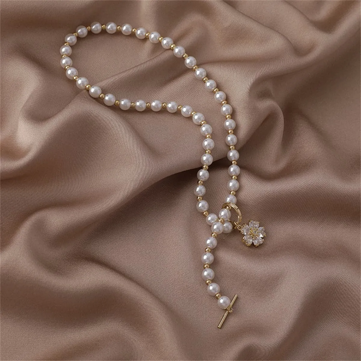 Pearl & Crystal Snowflake Pendant Toggle Choker Necklace