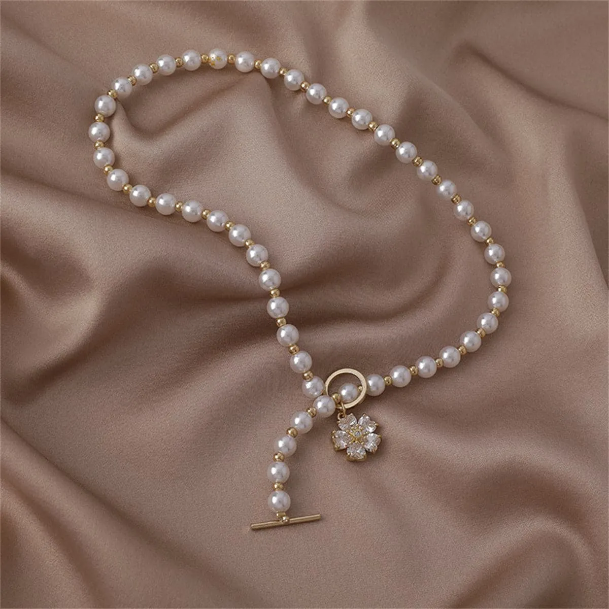 Pearl & Crystal Snowflake Pendant Toggle Choker Necklace