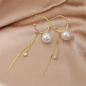 Pearl & Cubic Zirconia 18K Gold-Plated Ball Bar Tassel Huggie Earrings