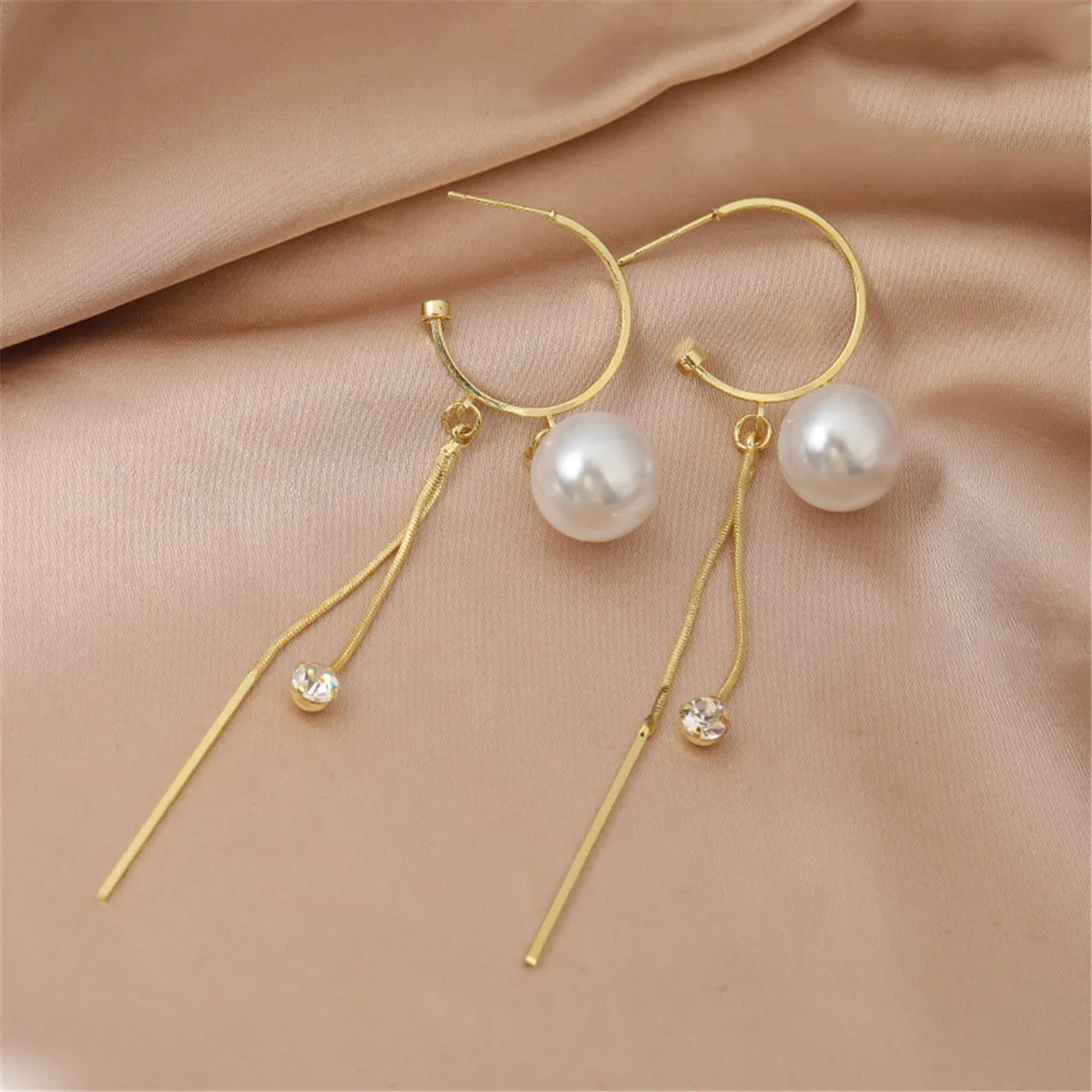 Pearl & Cubic Zirconia 18K Gold-Plated Ball Bar Tassel Huggie Earrings