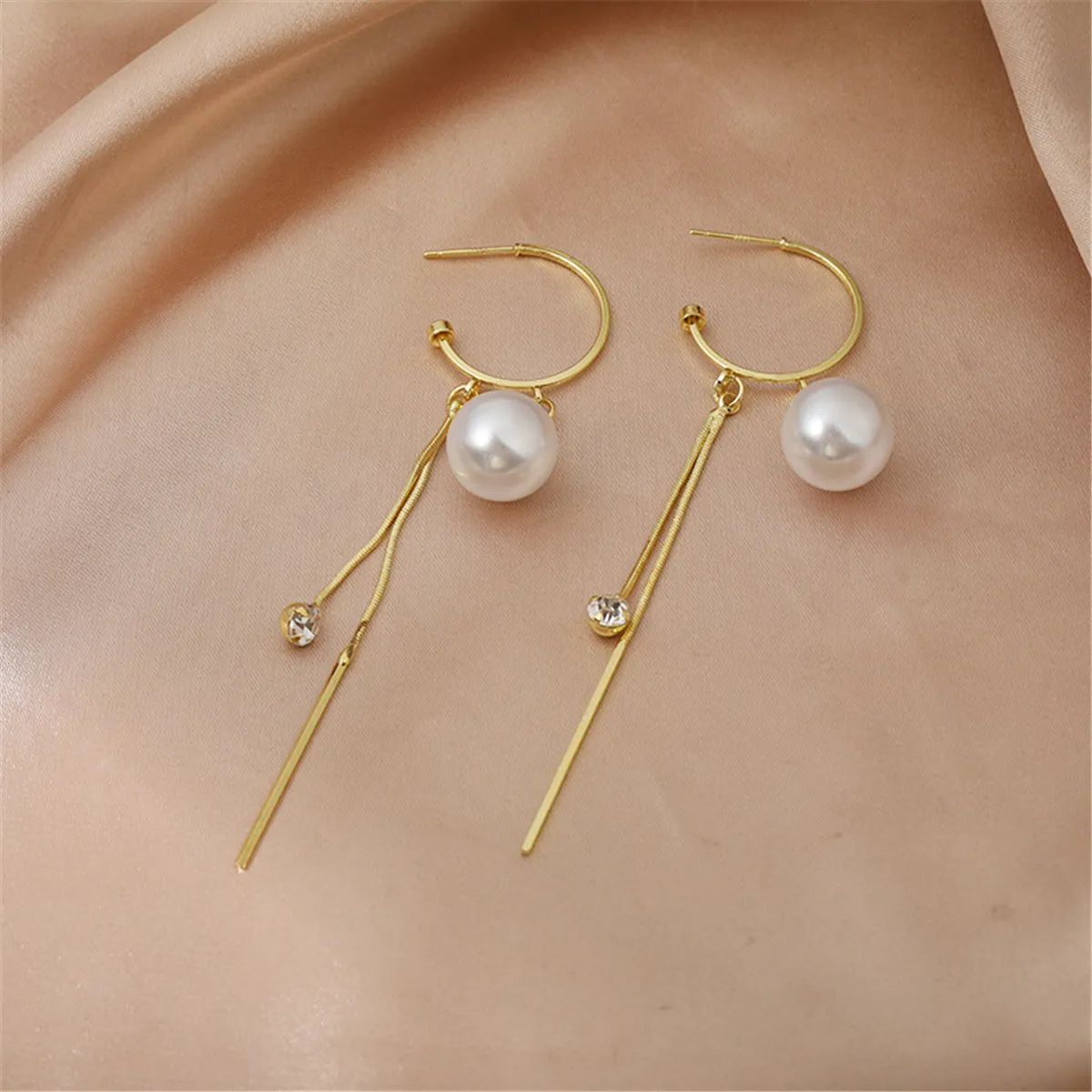 Pearl & Cubic Zirconia 18K Gold-Plated Ball Bar Tassel Huggie Earrings