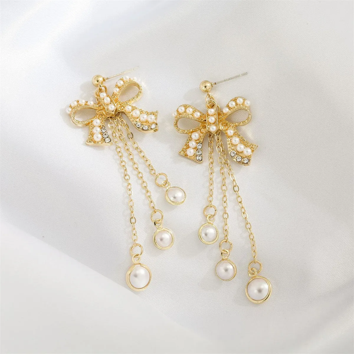 Pearl & Cubic Zirconia 18K Gold-Plated Bow Triple-Tassel Drop Earrings