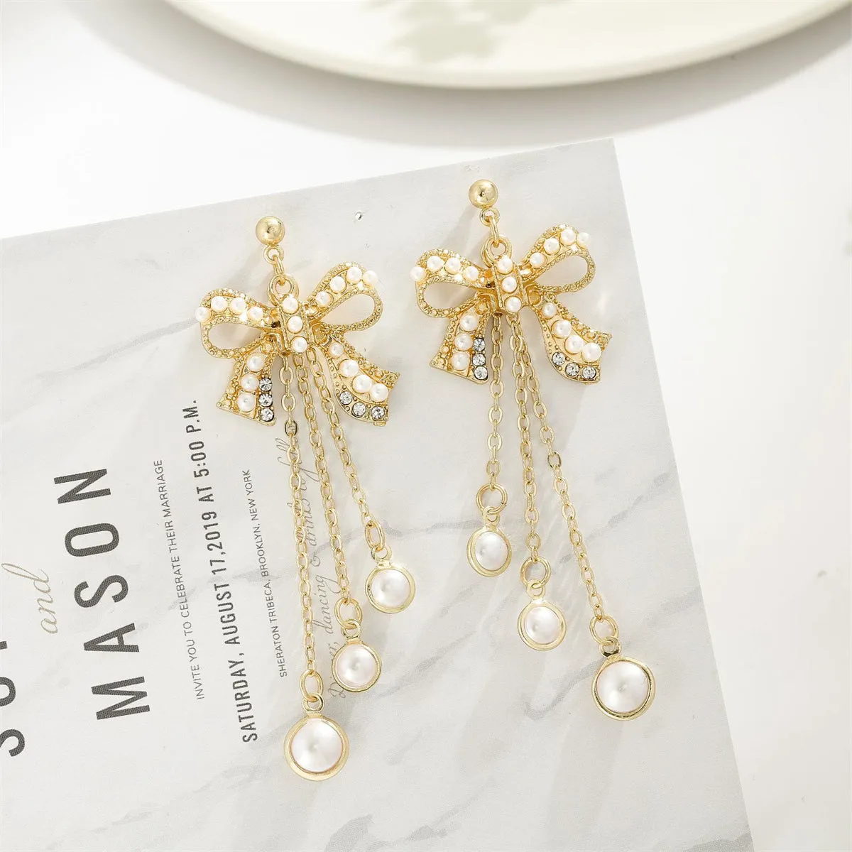 Pearl & Cubic Zirconia 18K Gold-Plated Bow Triple-Tassel Drop Earrings