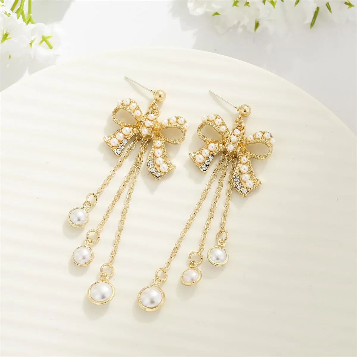 Pearl & Cubic Zirconia 18K Gold-Plated Bow Triple-Tassel Drop Earrings