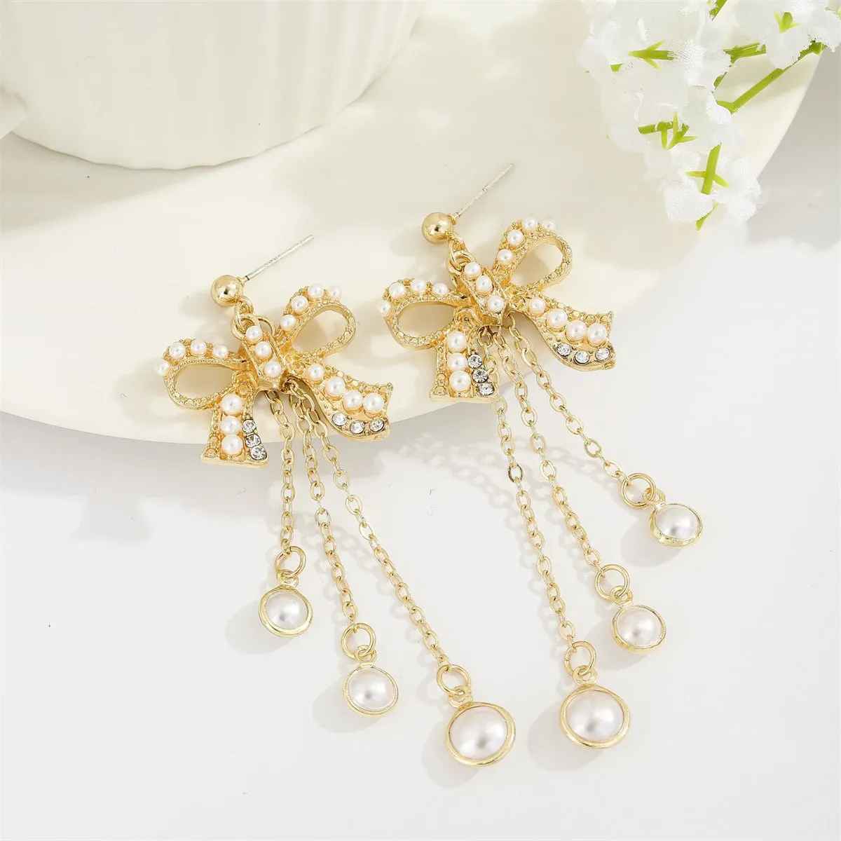 Pearl & Cubic Zirconia 18K Gold-Plated Bow Triple-Tassel Drop Earrings