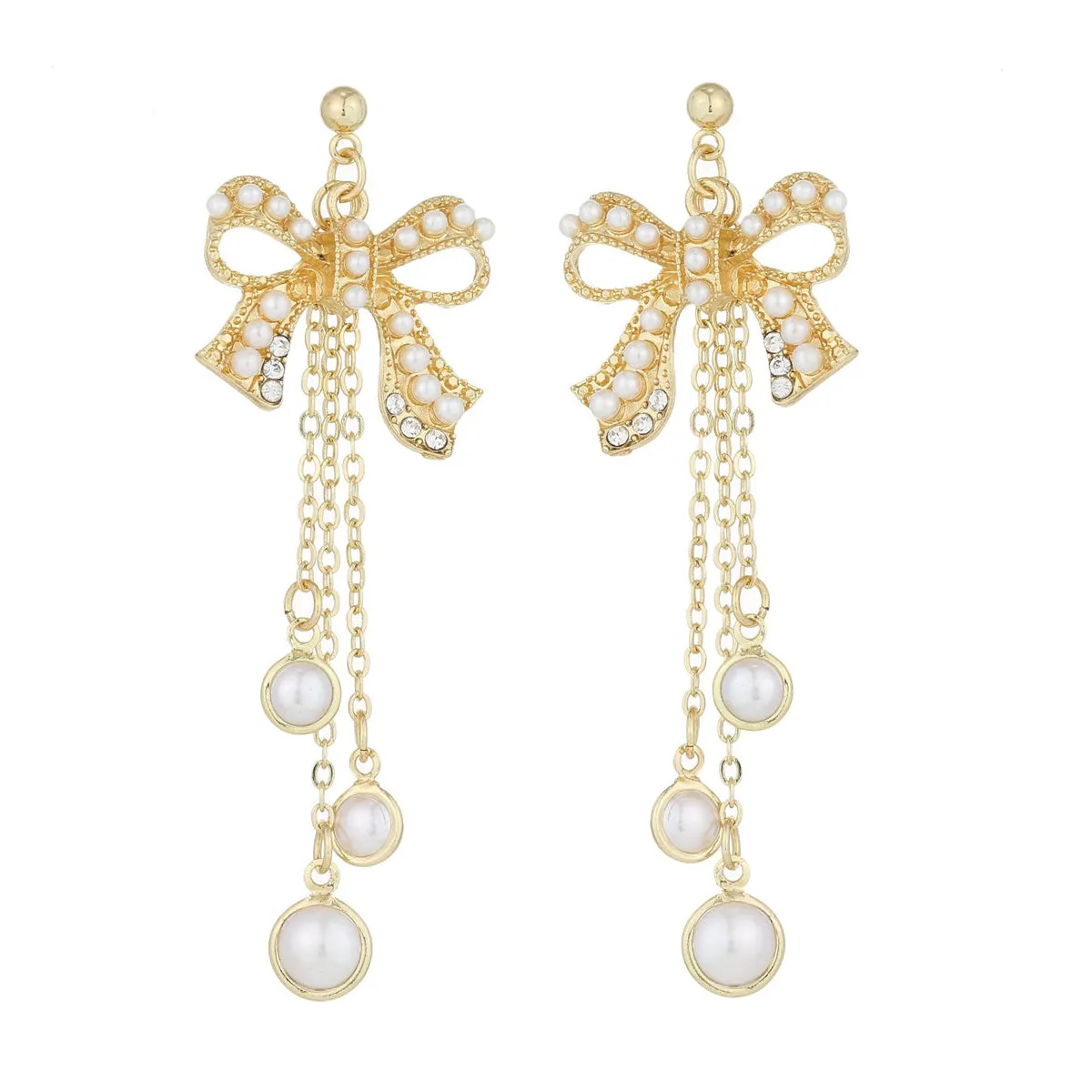 Pearl & Cubic Zirconia 18K Gold-Plated Bow Triple-Tassel Drop Earrings