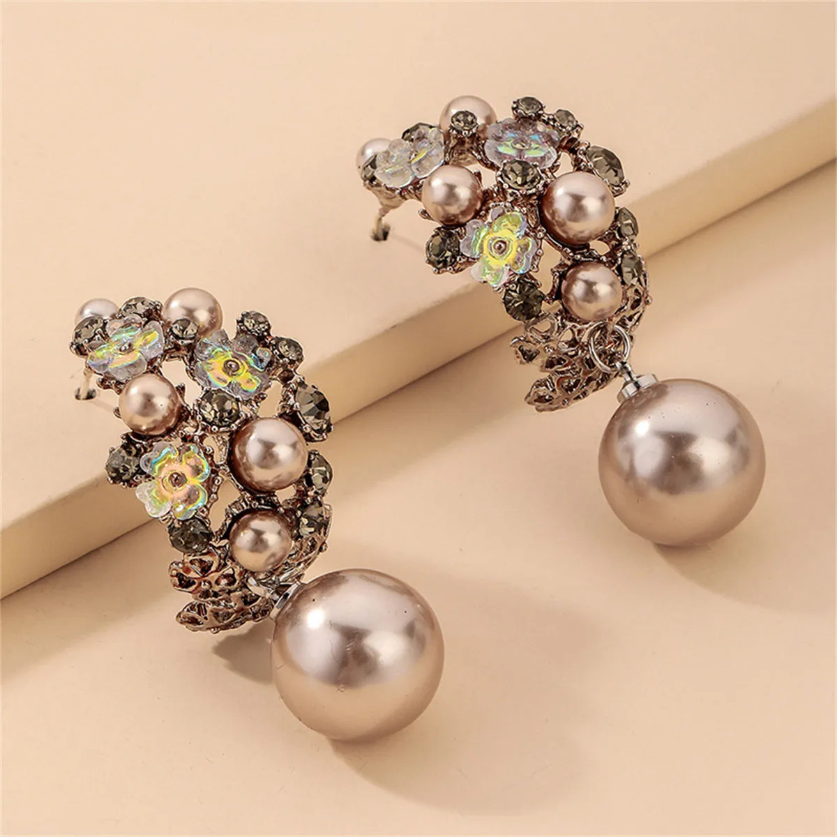 Pearl & Cubic Zirconia 18K Gold-Plated Flower Cluster Drop Earrings