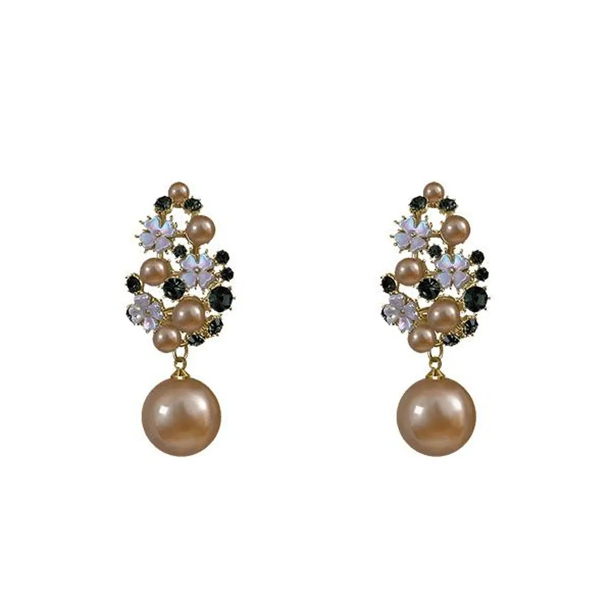 Pearl & Cubic Zirconia 18K Gold-Plated Flower Cluster Drop Earrings