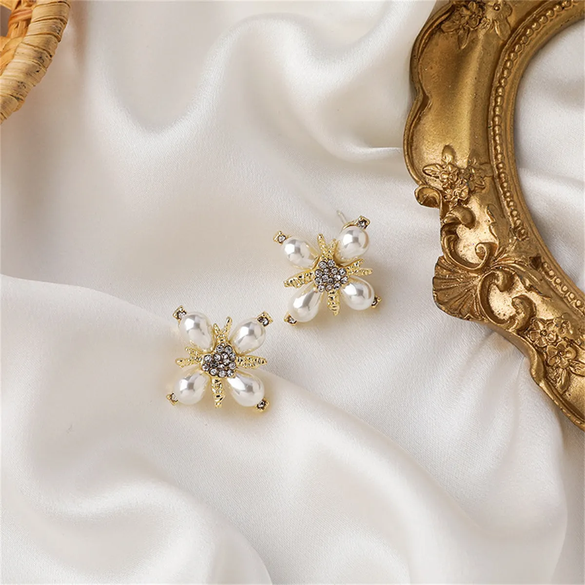 Pearl & Cubic Zirconia 18K Gold-Plated Flower Stud Earrings